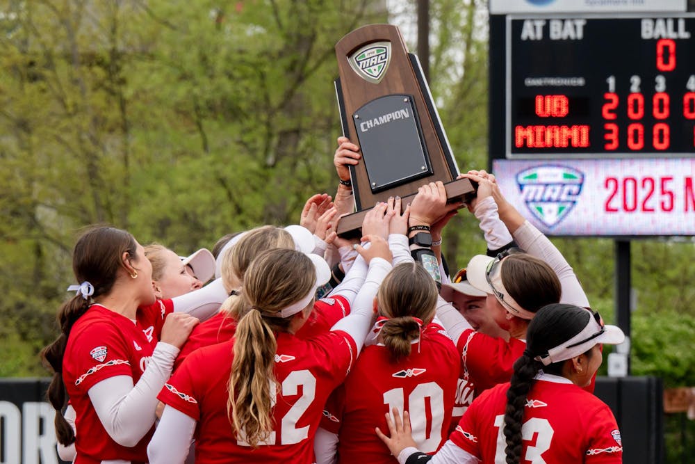 The Miami softball team celebrates clinching the MAC regular season after defeating Buffalo at Miami Softball Stadium on May 4.