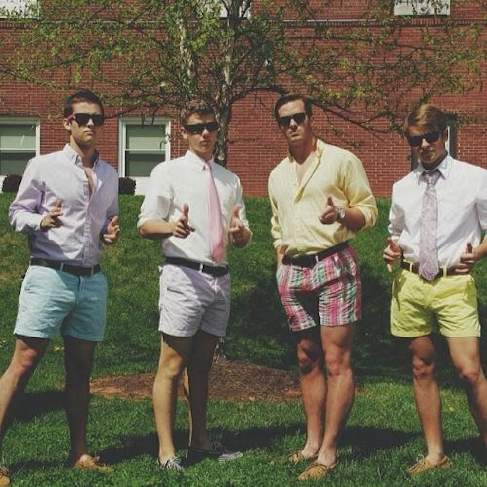 <p>Four college students in preppy-wear. Photo by William frank on Pinterest.</p>