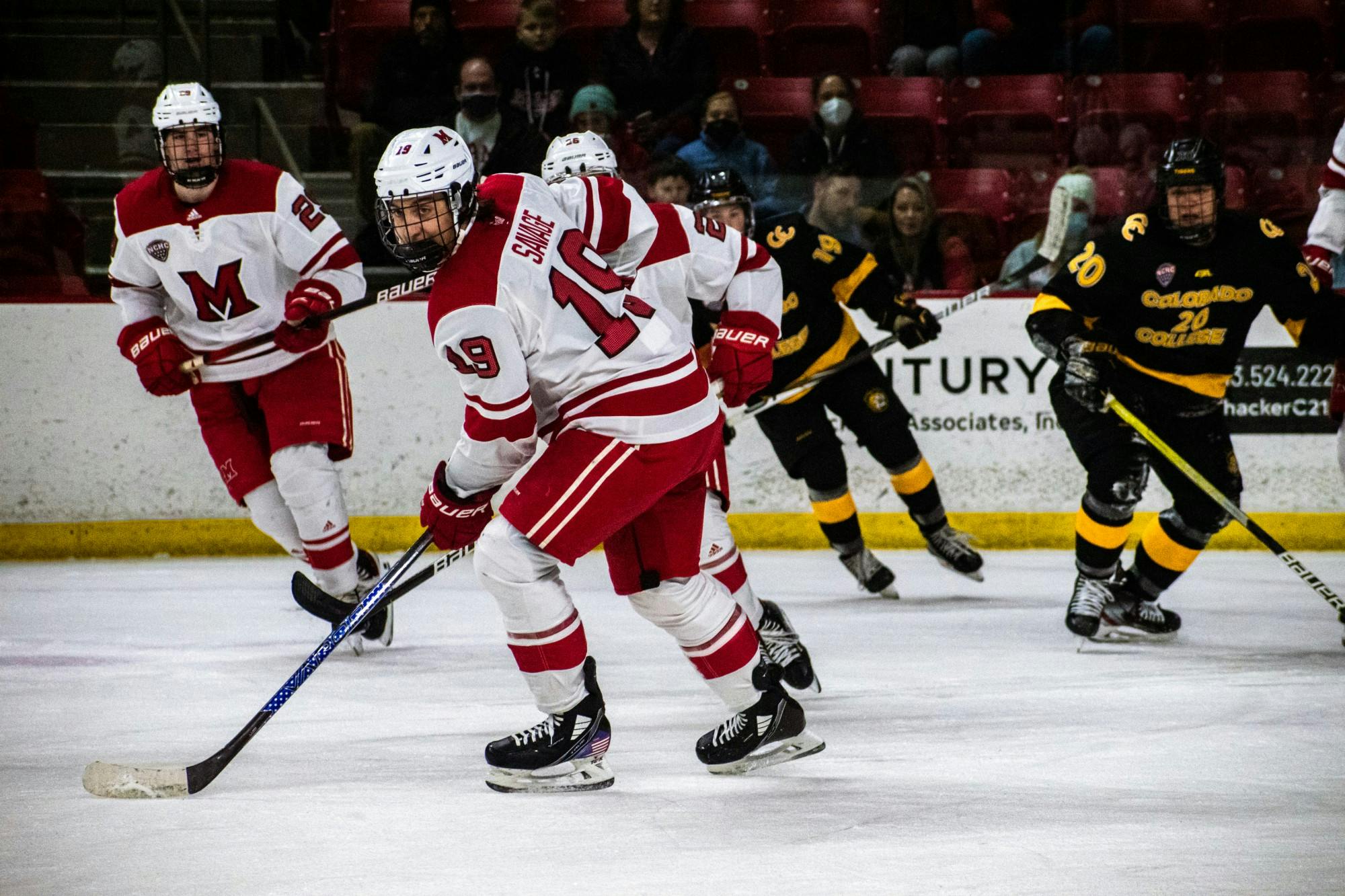 Red Savage (pictured, middle) scored two goals in Miami&#x27;s Jan. 28 5-4 overtime loss to Denver. 
