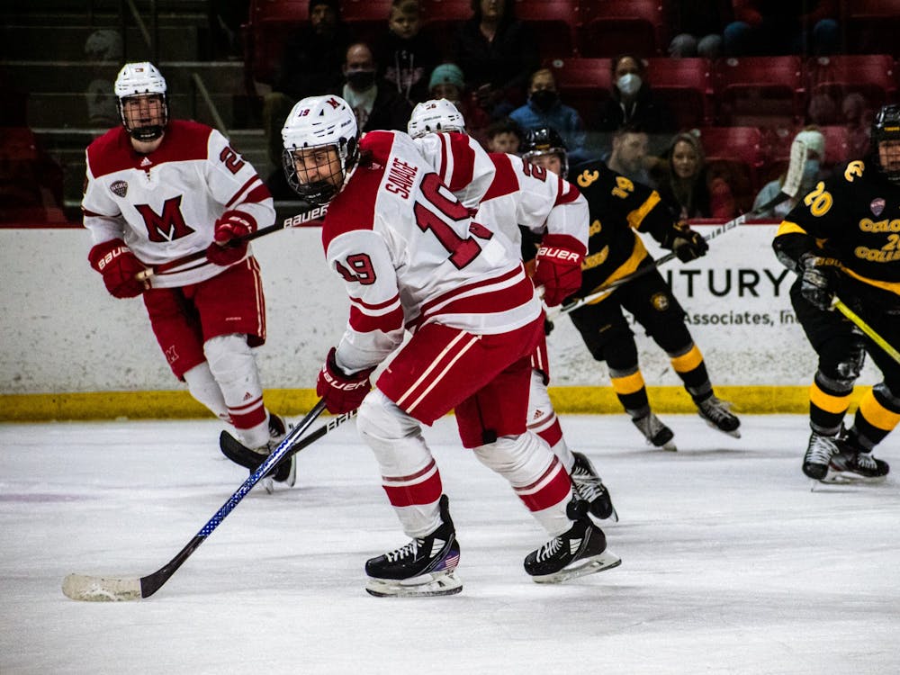 Red Savage (pictured, middle) scored two goals in Miami&#x27;s Jan. 28 5-4 overtime loss to Denver. 