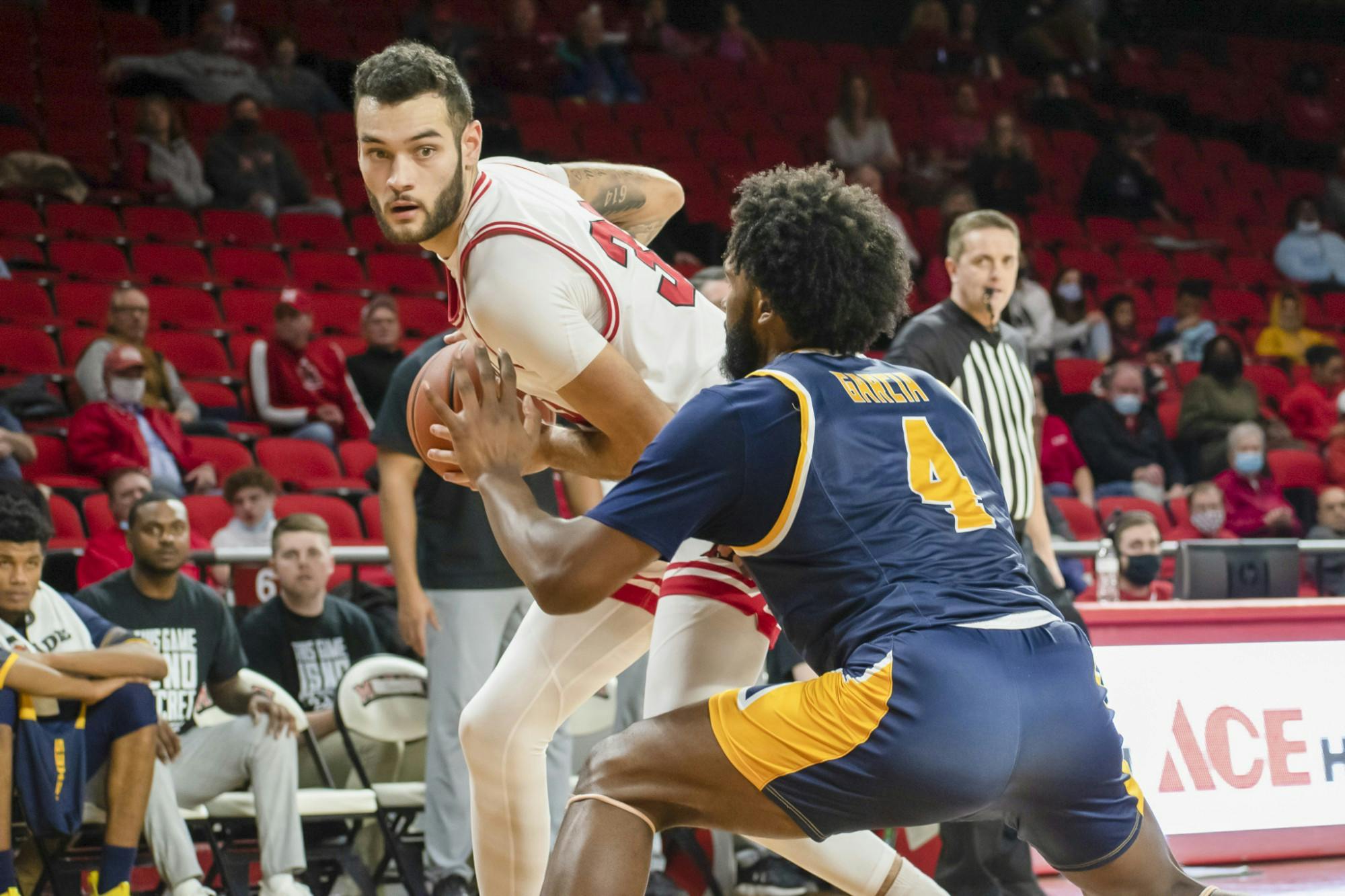 Senior forward Eli McNamara possesses the ball in Miami&#x27;s Feb. 1 loss to Kent State.