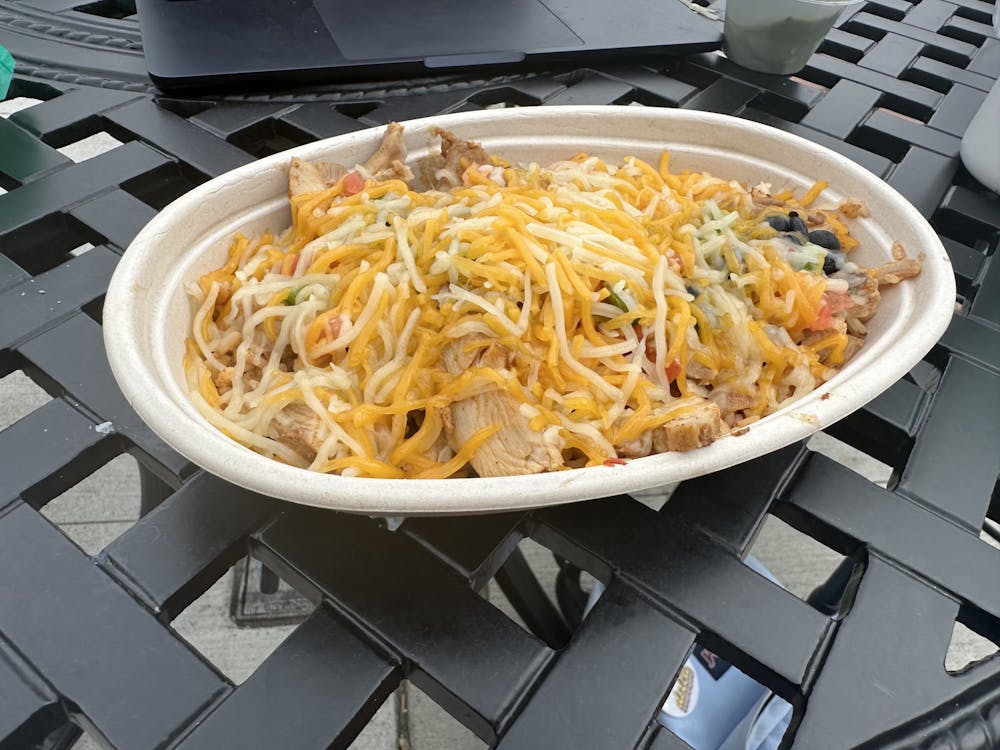 Pictured is the Burrito bowl option with chicken at Halcón Rojo. 