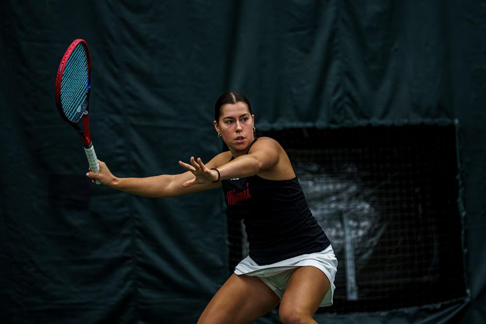 Freshman Maria Komar prepares to return a shot against Butler at Riverside Athletic Club on Feb. 15