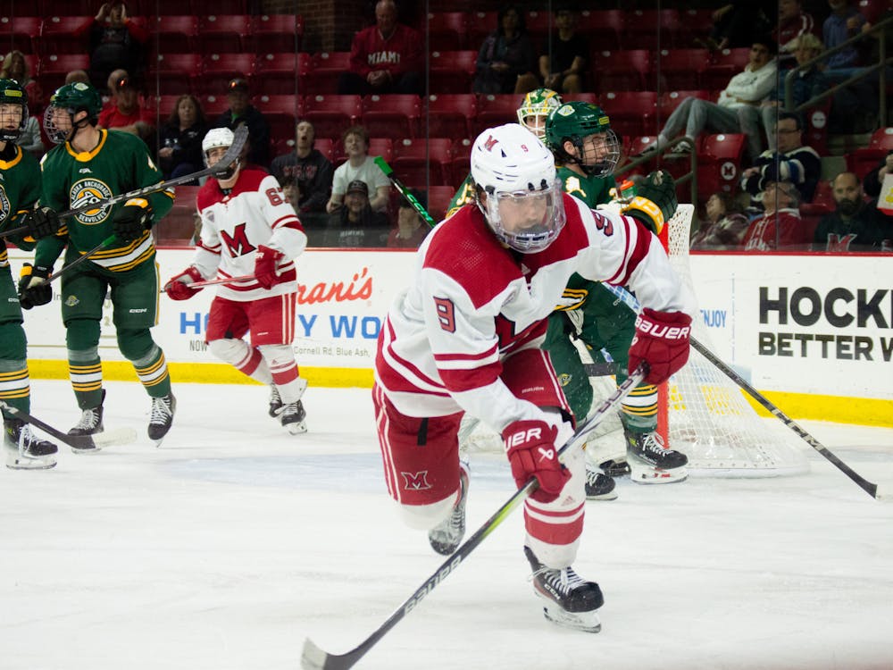 Senior forward Matt Choupani skates in a game against the Alaska-Anchorage Seawolves in early October of 2024