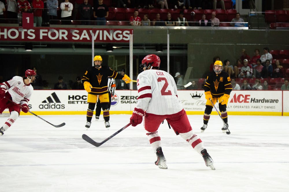 Senior defenseman Spencer Cox skating in a 2023 game against the Arizona State Sun Devils