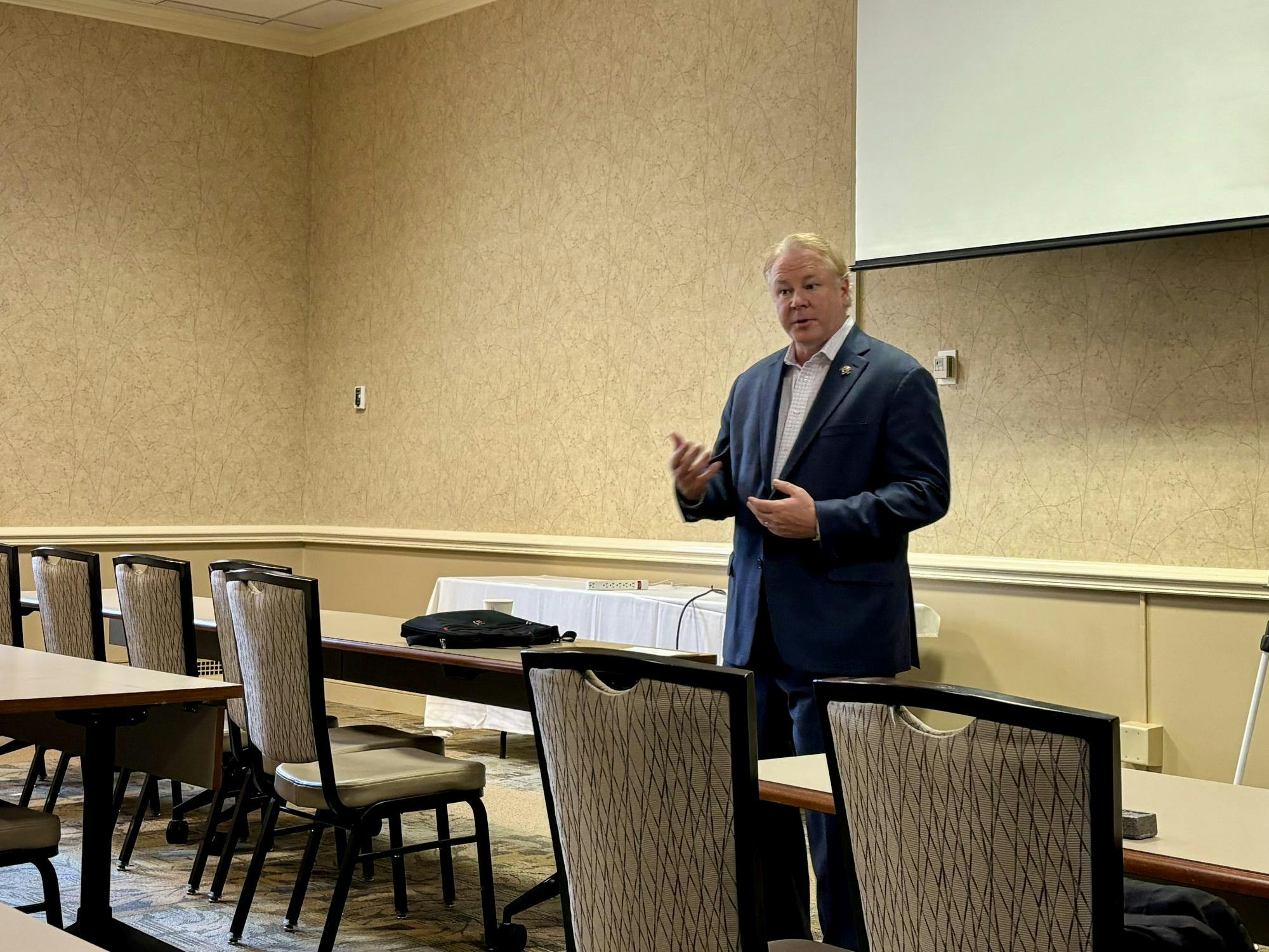 Warren Davidson, United States Representative for Ohio’s 8th Congressional District, leads a workshop at Miami’s International Leadership Conference on Friday, Oct. 3 in Marcum Hall.