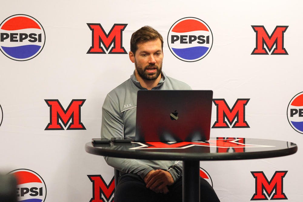 <p>Miami hockey head coach Anthony Noreen meets with the media virtually on the second day of NCHC media day</p>