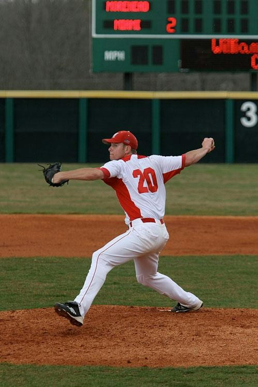 Junior pitcher Brooks Fiala rears back and fires against Morehead State University Mar.ch17. Fiala pitched a complete game Saturday against Eastern Michigan University but the ’Hawks fell 3-1 and lost the series 2-1.