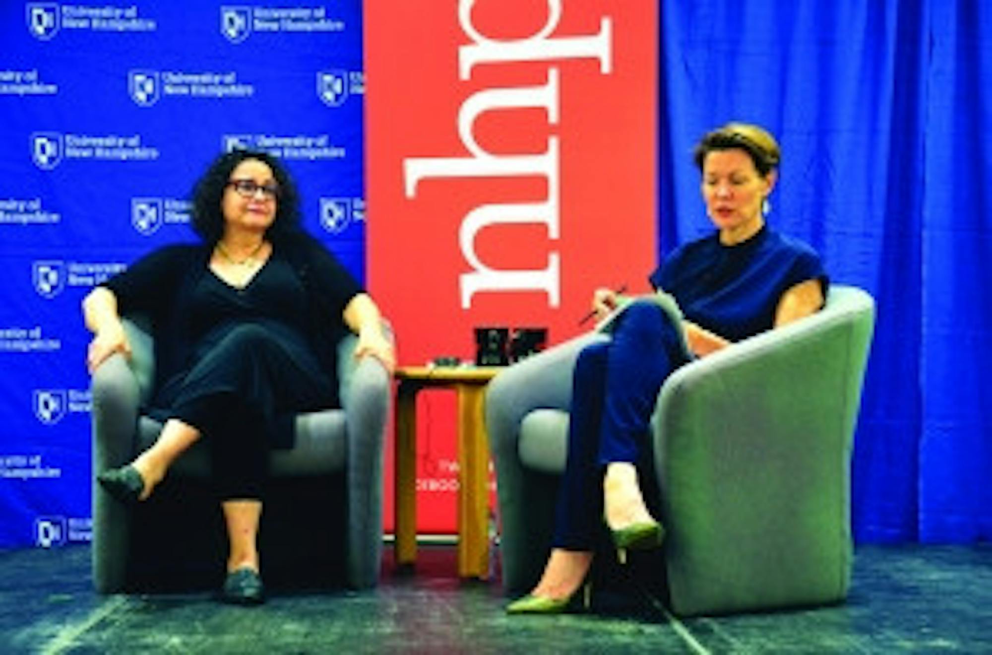 Phoebe McPherson/Staff Brook Gladstone, NPR pioneer,  and NPR’s Word of Mouth host, Virginia Prescott discuss current media events and topics. The talk was held Wednesday in the Piscataqua Room.