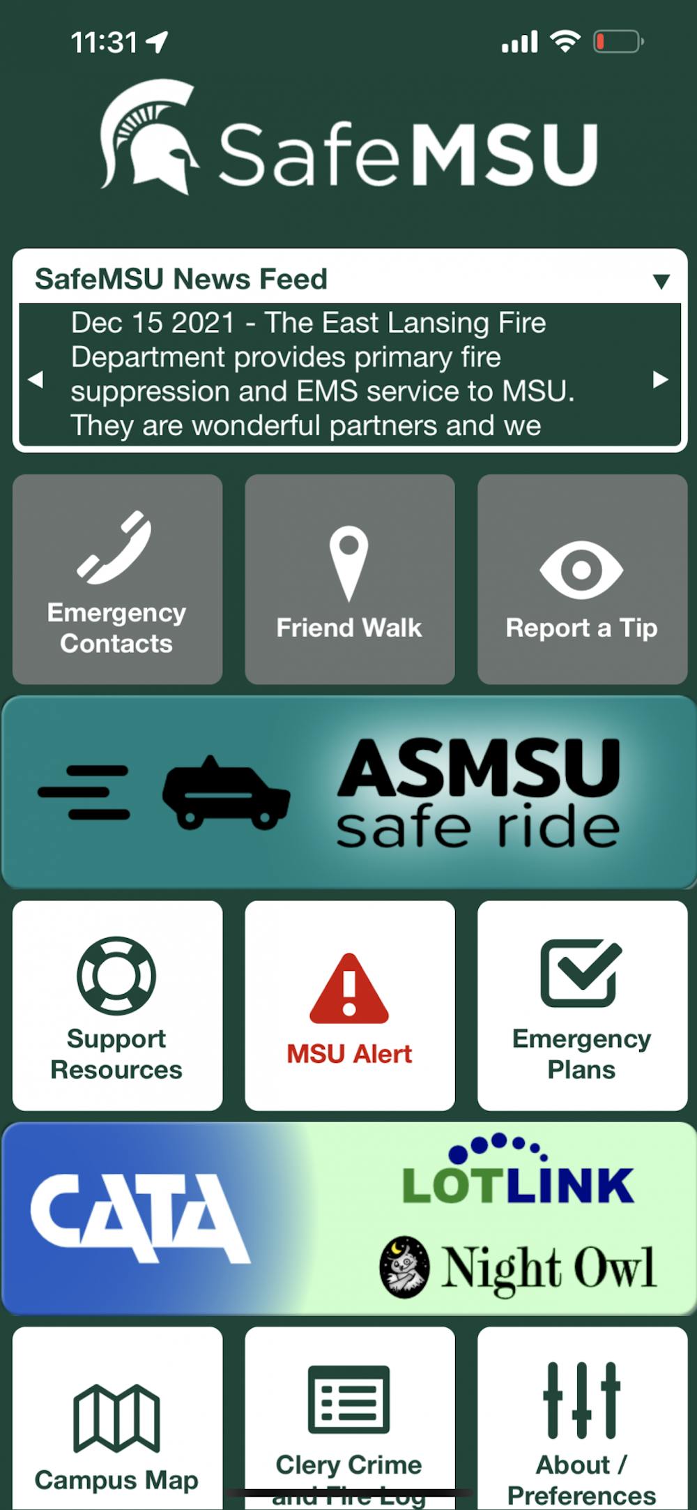 The SafeMSU home screen as Dec. 16, 2021. The new app aims to provide students with safety resources in a convenient, one-stop space.