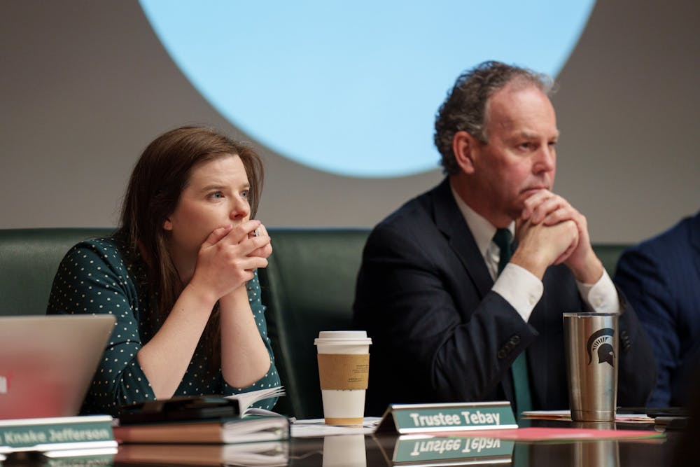 <p>Trustee Kelly Tebay and Trustee Dan Kelly during public comment. The Michigan State University Board of Trustees met in the Hannah Administration Building, on April 22, 2022.</p>