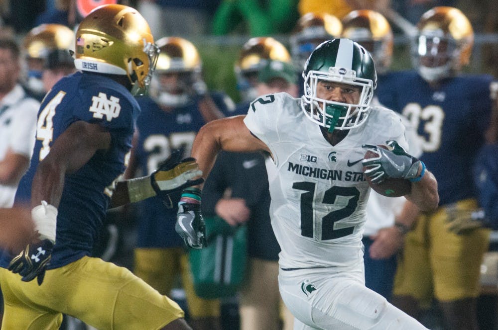 Senior wide receiver R.J. Shelton (12) runs down the field during the game against Notre Dame on Sept. 17, 2016 at Notre Dame Stadium in South Bend, Ind. The Spartans defeated the Fighting Irish, 36-28.