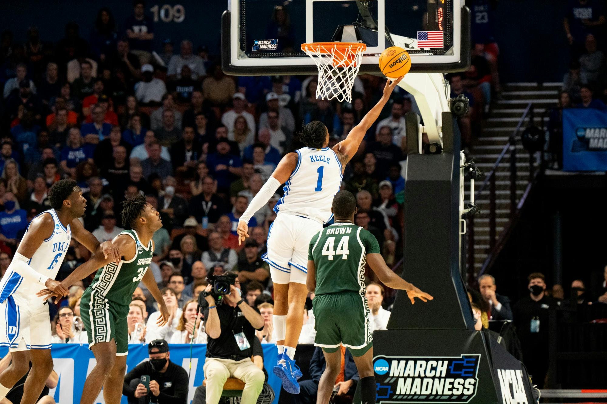 <p>Duke freshman guard Trevor Keels (1) attempts to score during Duke&#x27;s victory over Michigan State on March 20, 2022.</p>