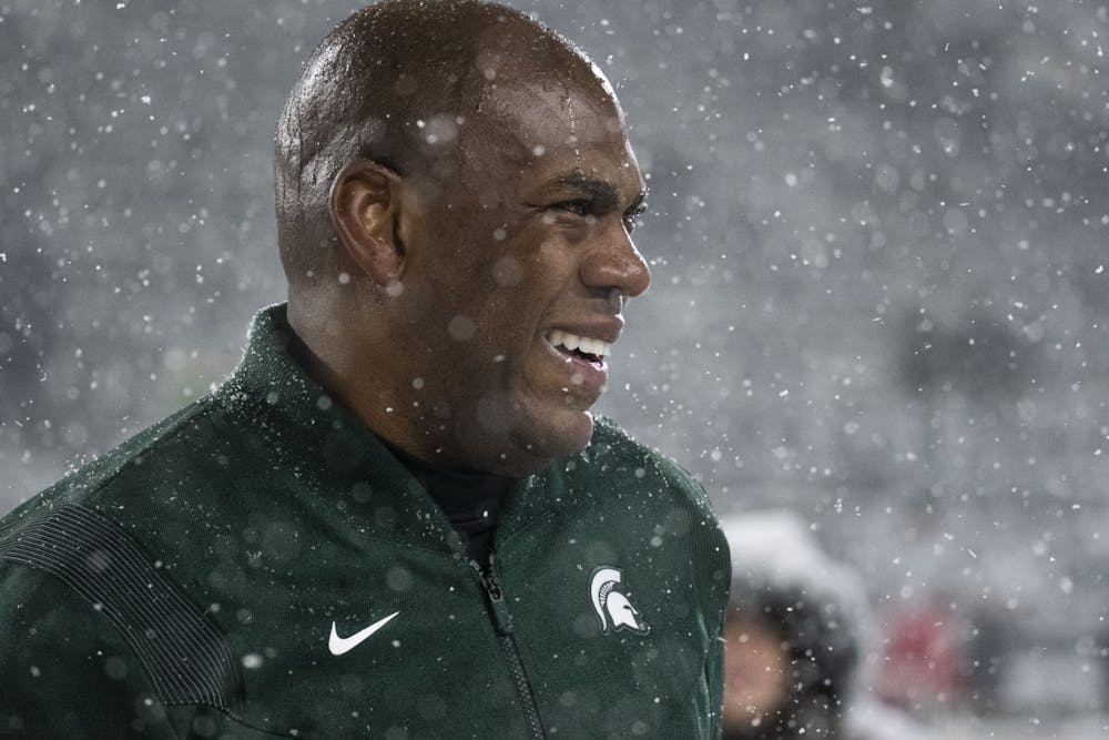 <p>Mel Tucker smiles after the Spartan’s win against the Penn State Nittany Lions at Spartan Stadium on Saturday, Nov. 27, 2021. </p>