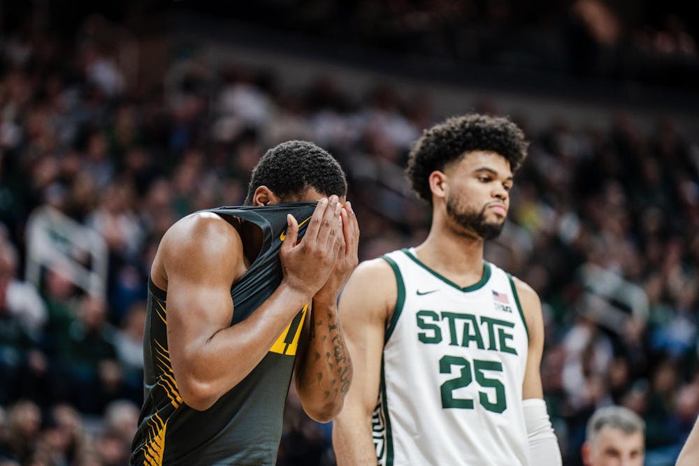 <p>Michigan State graduate forward No. 25 Malik Hall questions the outcome of his match against the University of Iowa at the Breslin Center on Feb. 20, 2024. Michigan State lost to the University of Iowa 78-71.</p>