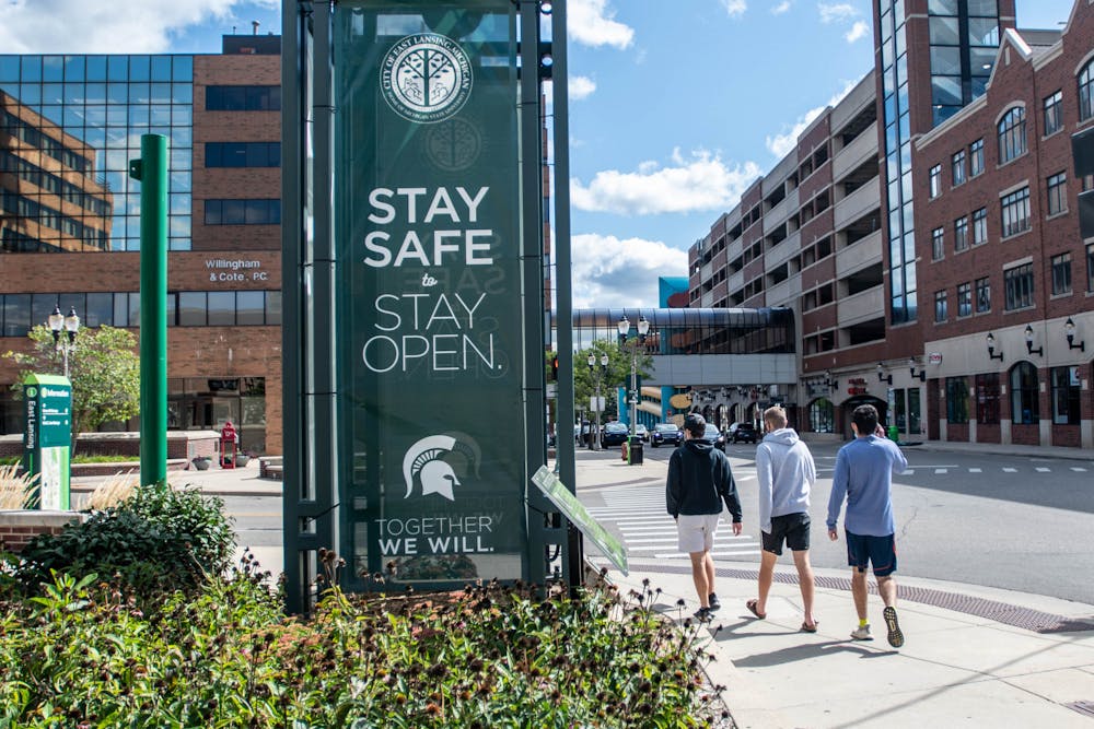 Downtown East Lansing on Sept. 18, 2020. The city of East Lansing has posted signs and has information stations with free masks for those who visit the area.