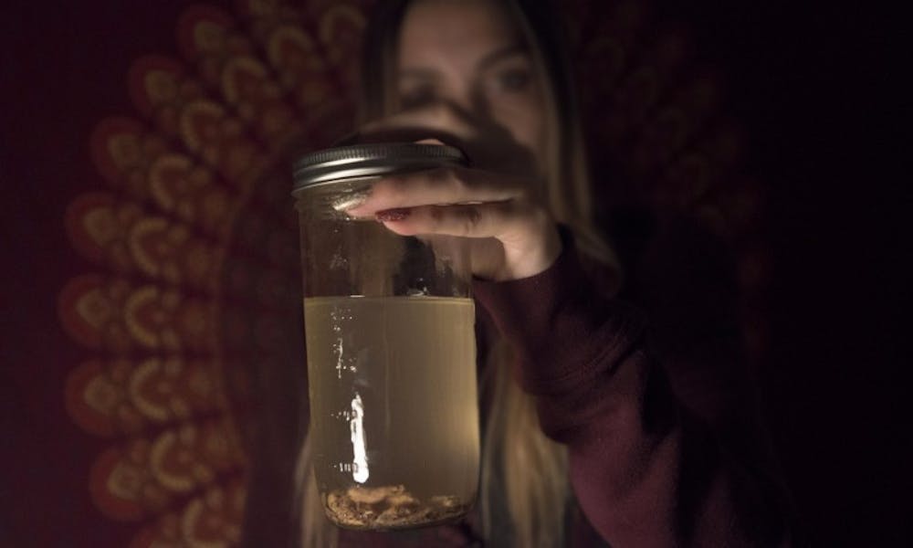 Shelby poses for a photo with her psychedelic mushroom tea on Dec. 8, 2016 at her house in East Lansing. Shelby uses small doses of psychedelic mushrooms and steeps them in her tea to drink.