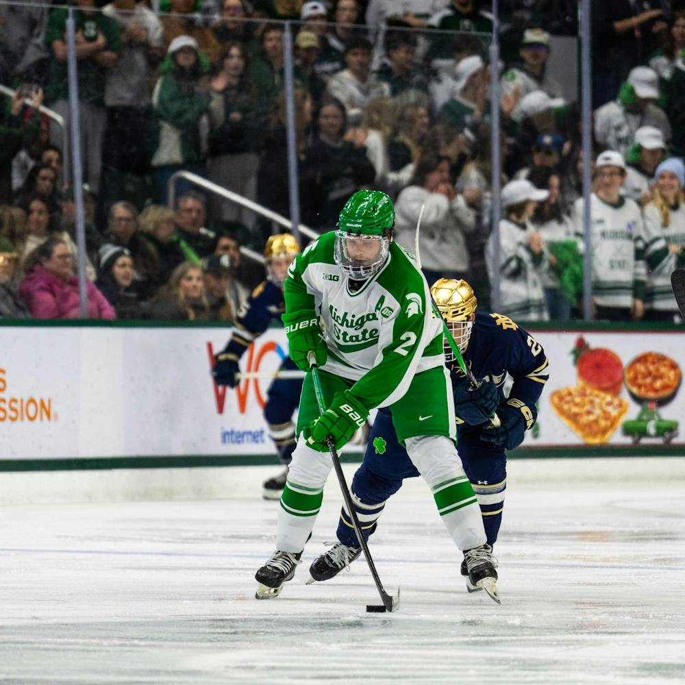 MSU Jr. D, Patrick Geary (2), takes the puck down the ice in Munn Ice Arena in East Lansing, MI on Feb. 19, 2026.