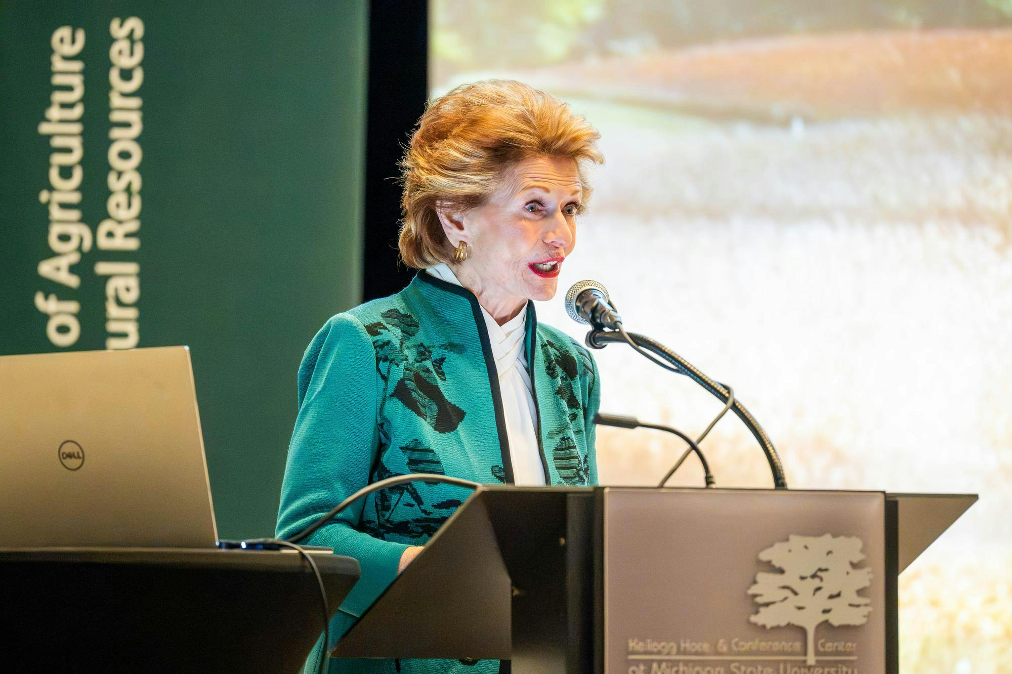 <p>Former U.S. Sen. Debbie Stabenow speaks during the Stuckman Lecture Series at Michigan State University’s Kellogg Center in East Lansing, Mich., on Wednesday, Sept. 23, 2026. Stabenow discussed the future of food and farm policy during the lecture.</p>