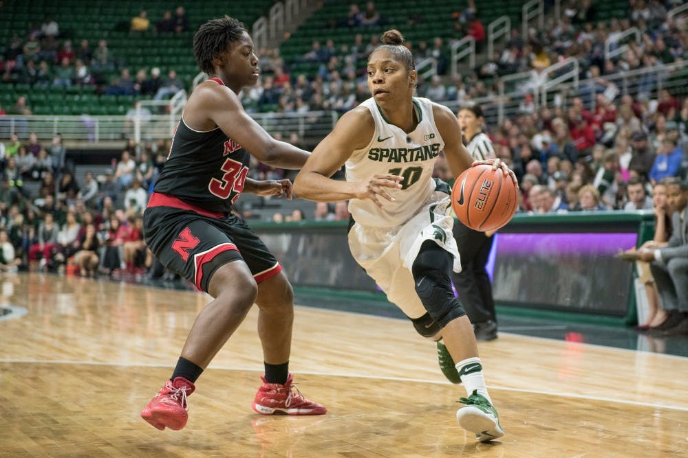 Senior guard Branndais Agee dribbles the ball as she is defended by Nebraska guard Jasmine Cincore during the game against Nebraska on Jan. 7, 2017 at the Breslin Center. The Spartans defeated the Cornhuskers, 93-73.