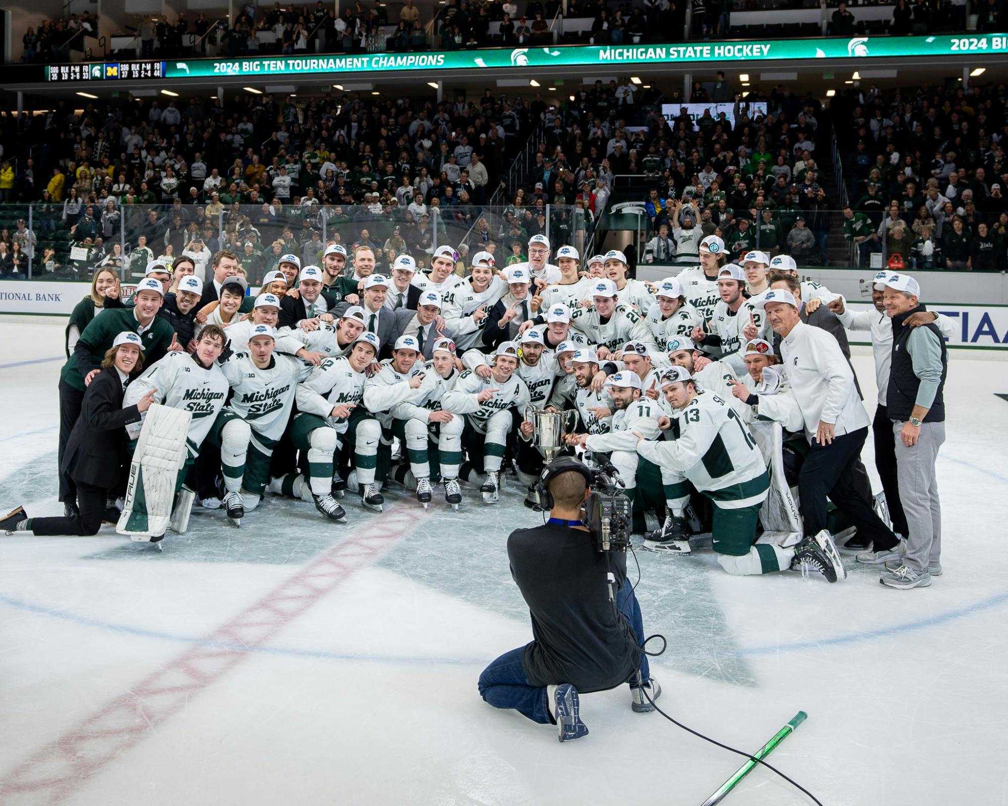 <p>The Spartans celebrate their victory against University of Michigan at Munn Ice Arena on March 23, 2024. MSU secured the Big Ten Tournament championship with their win over the Wolverines.</p>