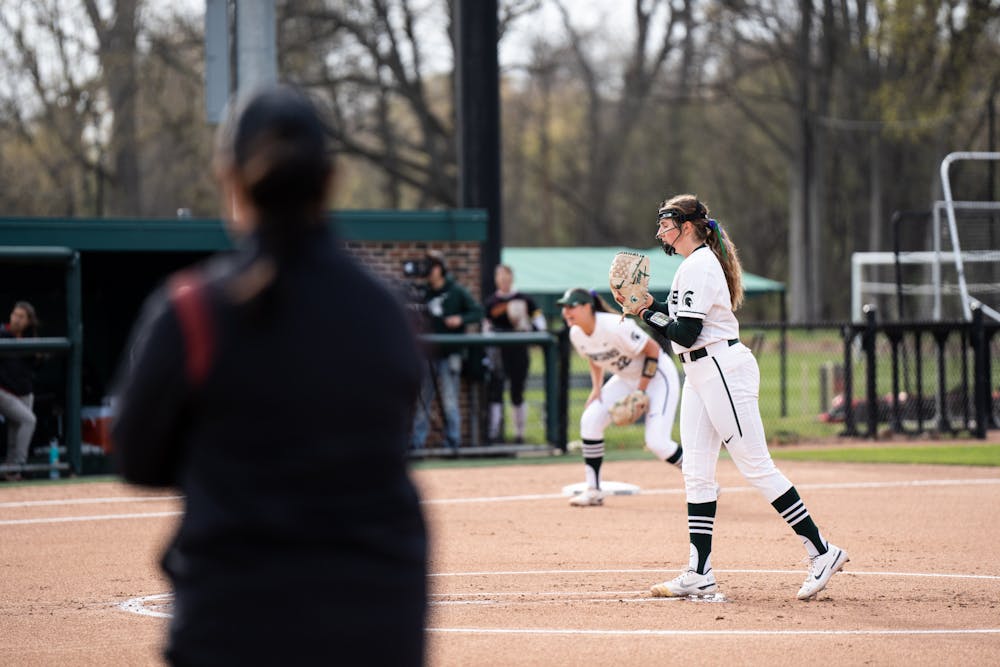 <p>MSU pitcher Ashley Miller prepares on the mound during the match against Maryland on April 29th, 2022. </p>