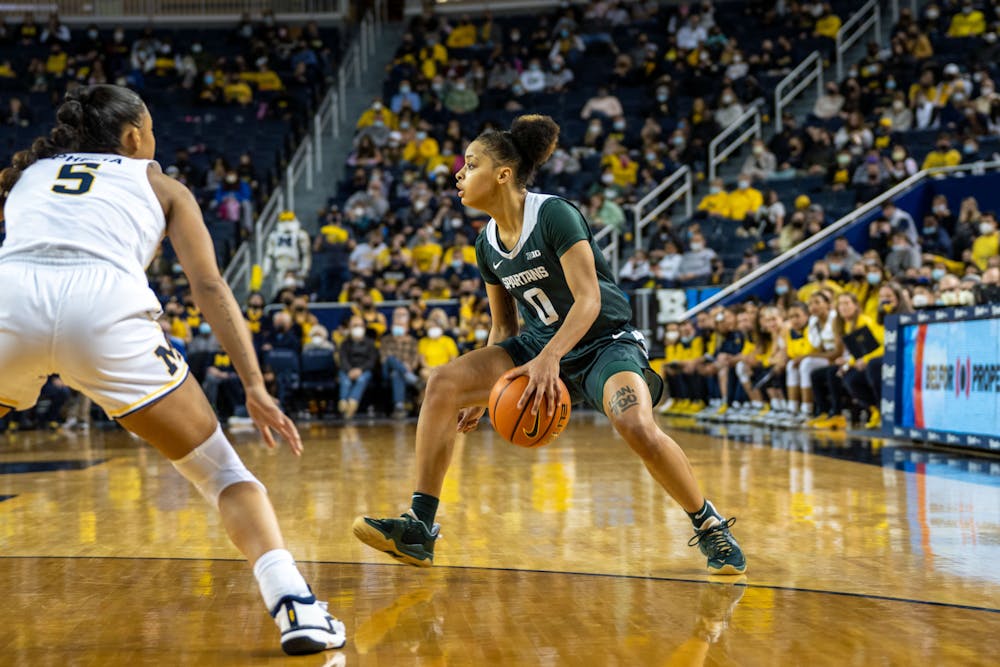 Freshman guard DeeDee Hagemann dribbles the ball between her legs. The Wolverines defeated the Spartans 62-51 at the Crisler Center on Feb 24., 22.