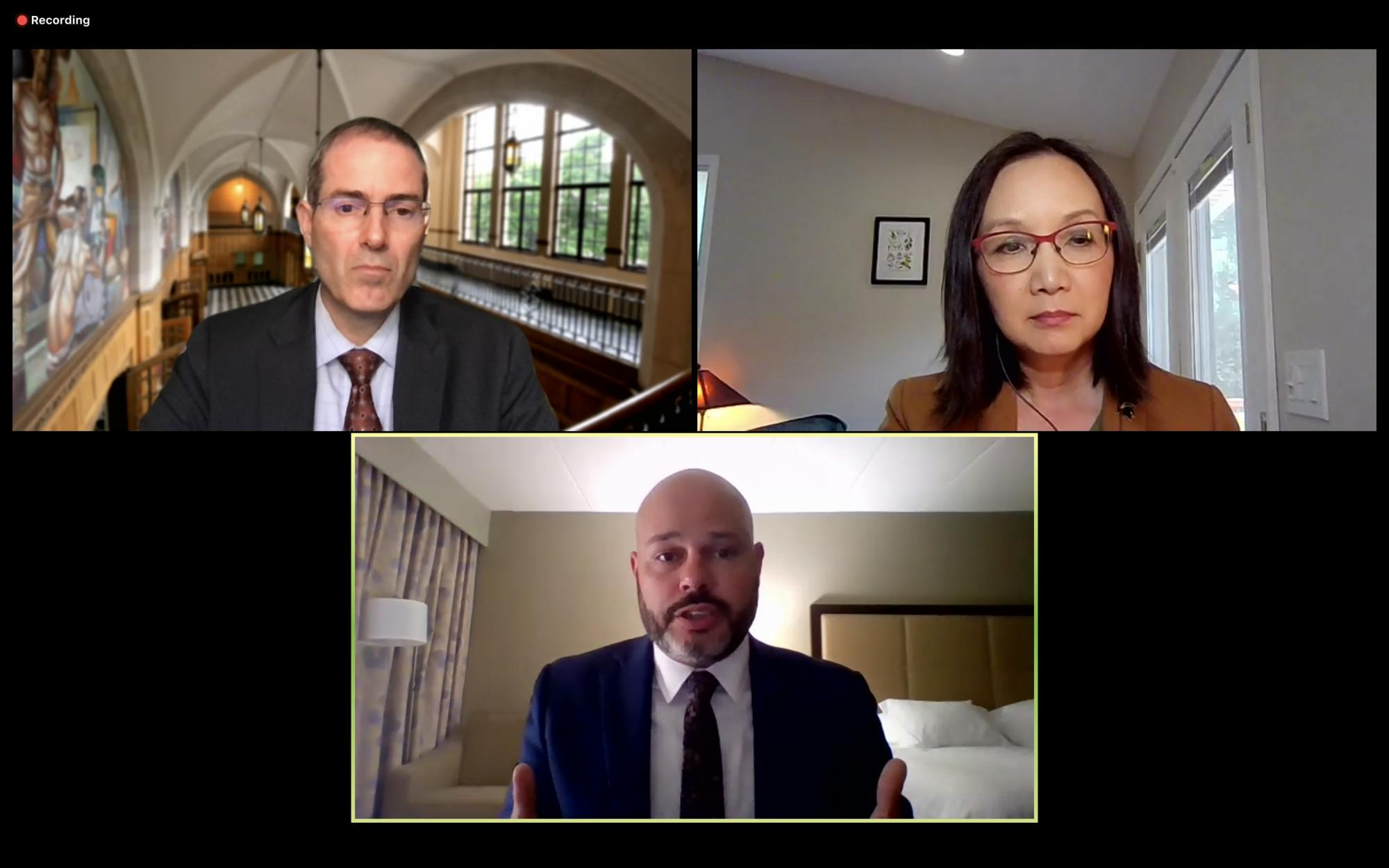 <p>Chief diversity officer search committee co-chairs Chris Long and Melissa Woo speak with finalist Nathan Ziegler at his Zoom open forum.</p>