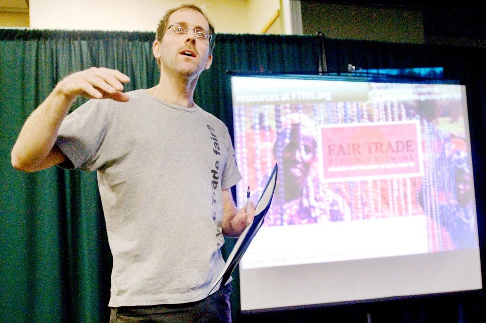 Jeff Goldman, executive director of the Fair Trade Resource Network, gives a speech on fair trade Tuesday at the International Center, East Lansing. The Michigan State University Students for Fair Trade Club flew Goldman in from Washington DC specifically for the Fair Trade Bash. Jaclyn McNeal/The State News