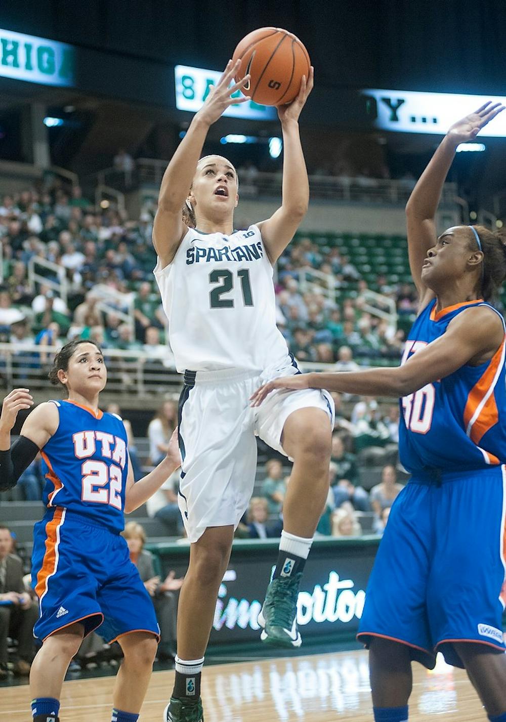 	<p>Junior guard Klarissa Bell makes a field goal, something that she tried for 16 times in the game. The Spartans defeated the Mavericks, 83-39, Nov. 11, 2012, at Breslin Center. Justin Wan/The State News</p>