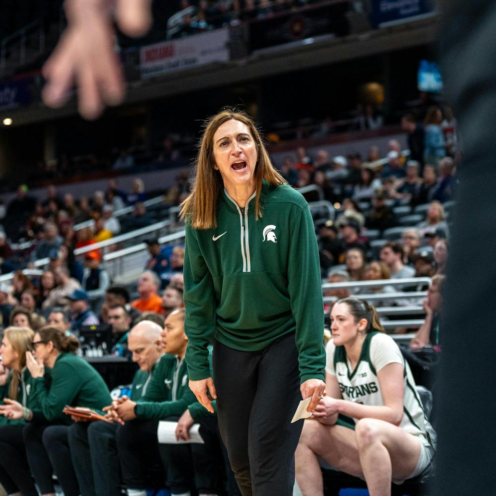MSU HC, Robyn Fralick, yells towards a referee during a match against Illinois in the Big 10 Tournament in the Gainbridge Fieldhouse in Indianapolis, IN on March 5, 2026.