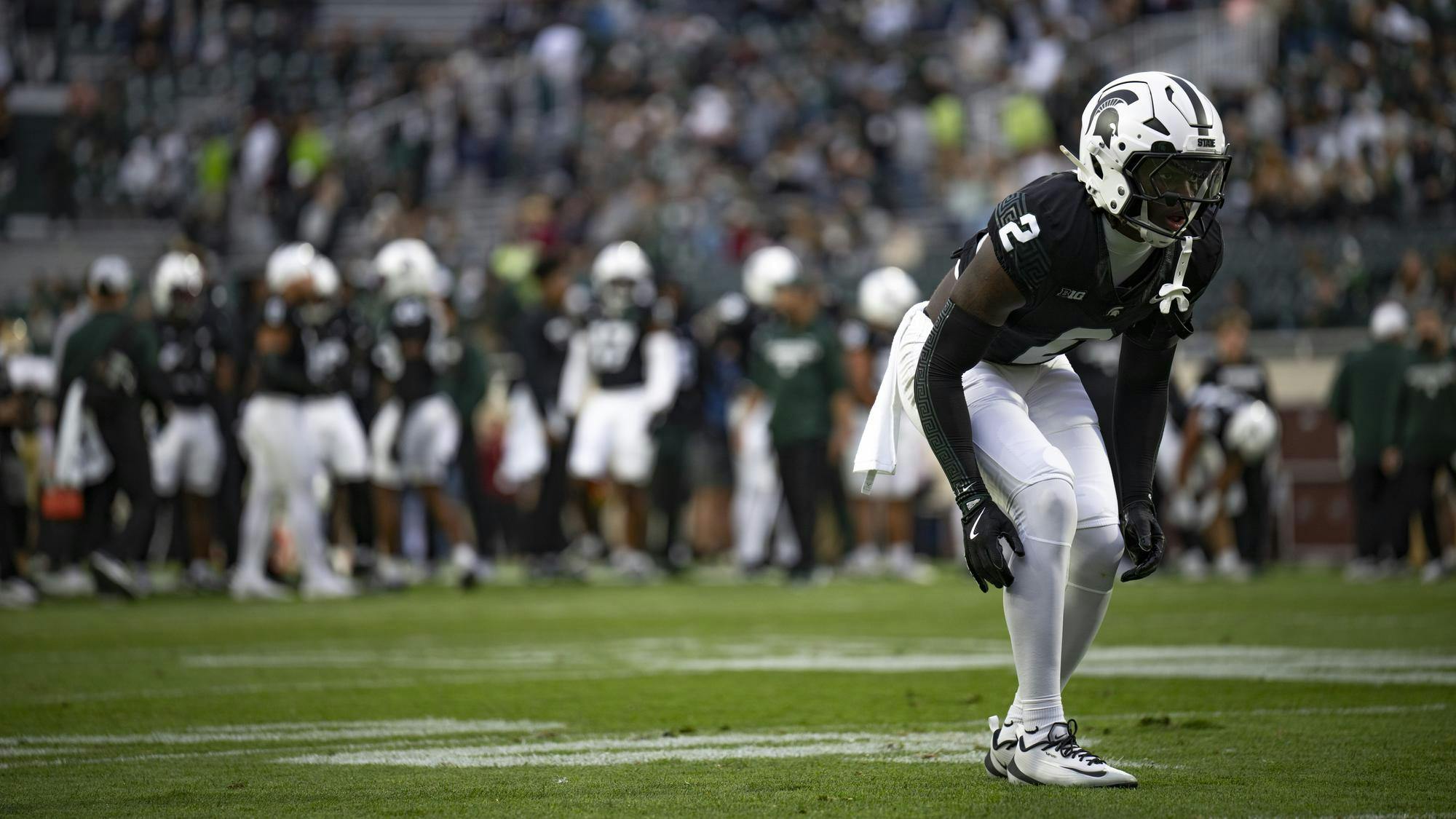 <p>MSU freshman defensive back Aydan West (2) warms up for the home game against the Boston College Eagles at the Spartan Stadium on Sep. 6, 2025.</p>