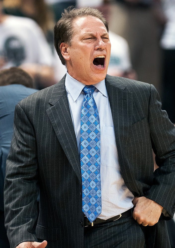 	<p>Head coach Tom Izzo yells from the sidelines Nov. 20, 2012, at Breslin Center. The <span class="caps">MSU</span> basketball team defeated Boise State, 74-70, to improve the Spartan&#8217;s record to 3-1. Adam Toolin/The State News</p>