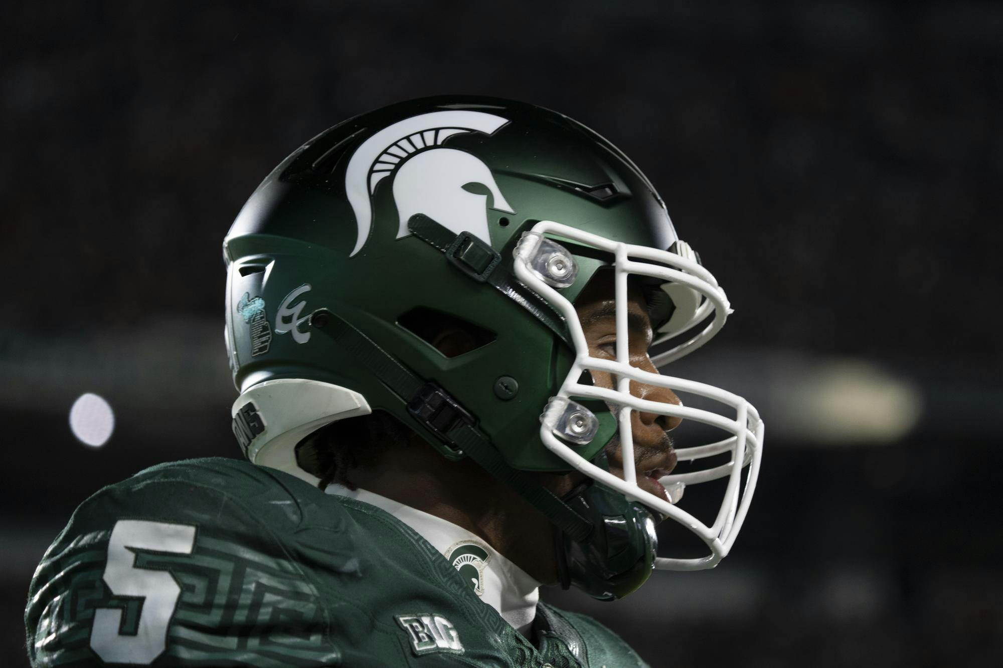 <p>MSU sophomore linebacker Jordan Hall (5) during the break of the game against the Ohio State Buckeyes at Spartan Stadium on Sept. 29, 2024.</p>