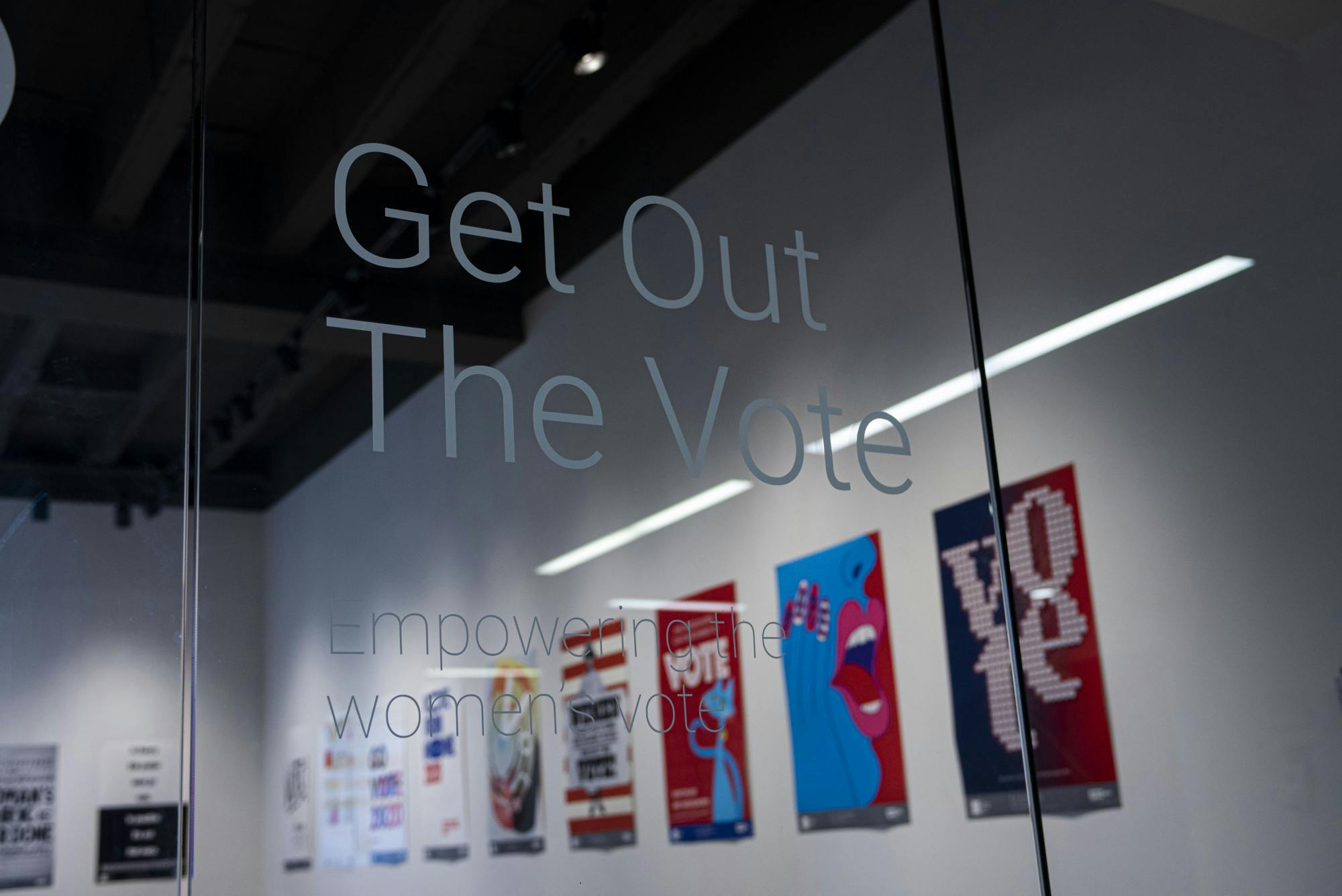 The MSU Union Art Gallery presents the "2020 Get Out the Vote: Empowering the Women's Vote" poster gallery located on the second floor. The gallery celebrates 100 years since women gained the right to vote. Shot on Oct. 21, 2020.