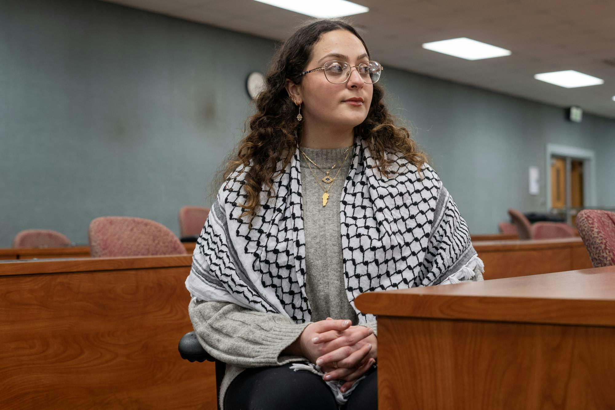 Arts and Humanities senior Alissa Hakim poses for a portrait in Room 115 of the International Center on Feb. 1, 2024 before she attends her final ASMSU meeting as a member. Hakim recently announced her resignation from her role as Vice President of Academic Affairs for ASMSU. 