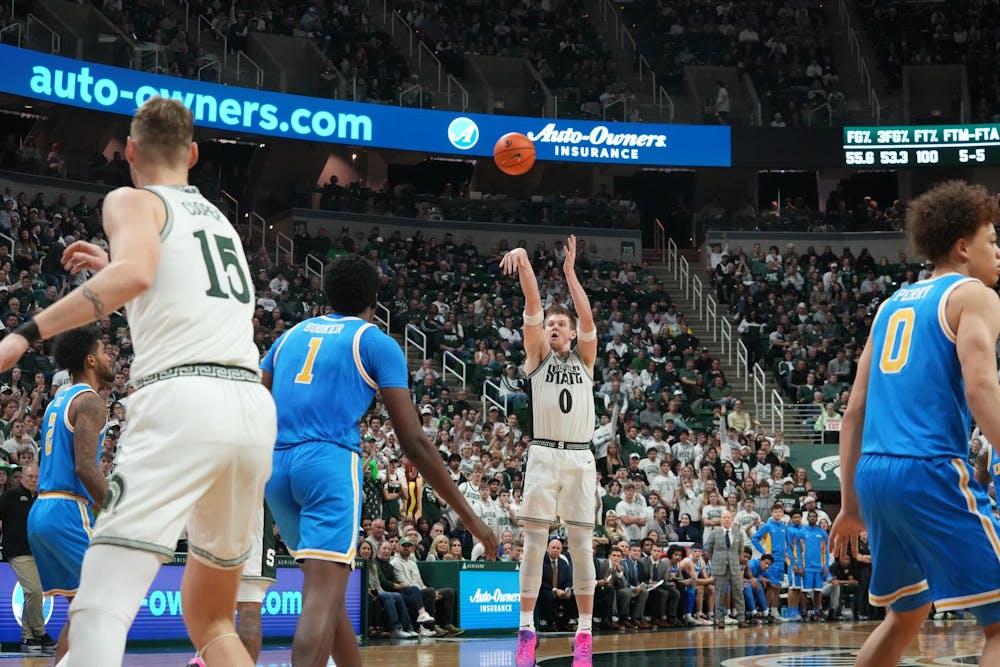 Michigan State senior Jaxon Kohler (0) shoots the ball against UCLA at the Breslin Center in East Lansing, Michigan, on Tuesday, Feb. 17, 2026.