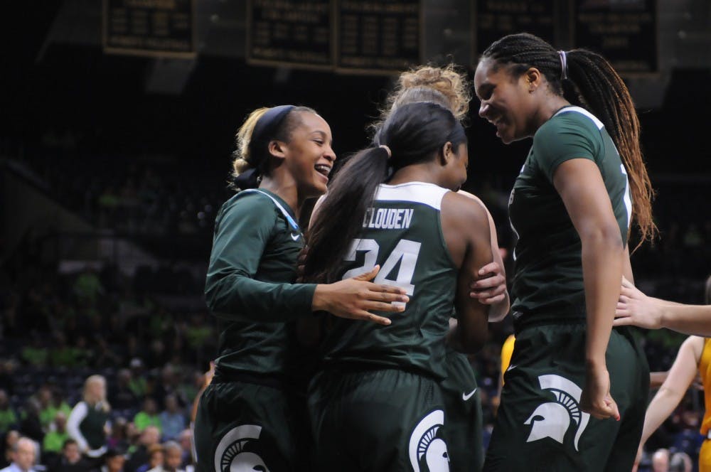 <p>MSU women&#x27;s basketball celebrates during 88-87 victory over Central Michigan in the first round of the 2019 NCAA tournament</p>