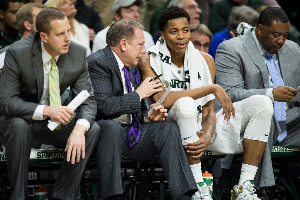 Head coach Tom Izzo speaks with freshman forward Deyonta Davis during the first half of the game against Illinois on Jan. 7, 2016 at Breslin Center. The Spartans defeated the Illini, 79-54. 