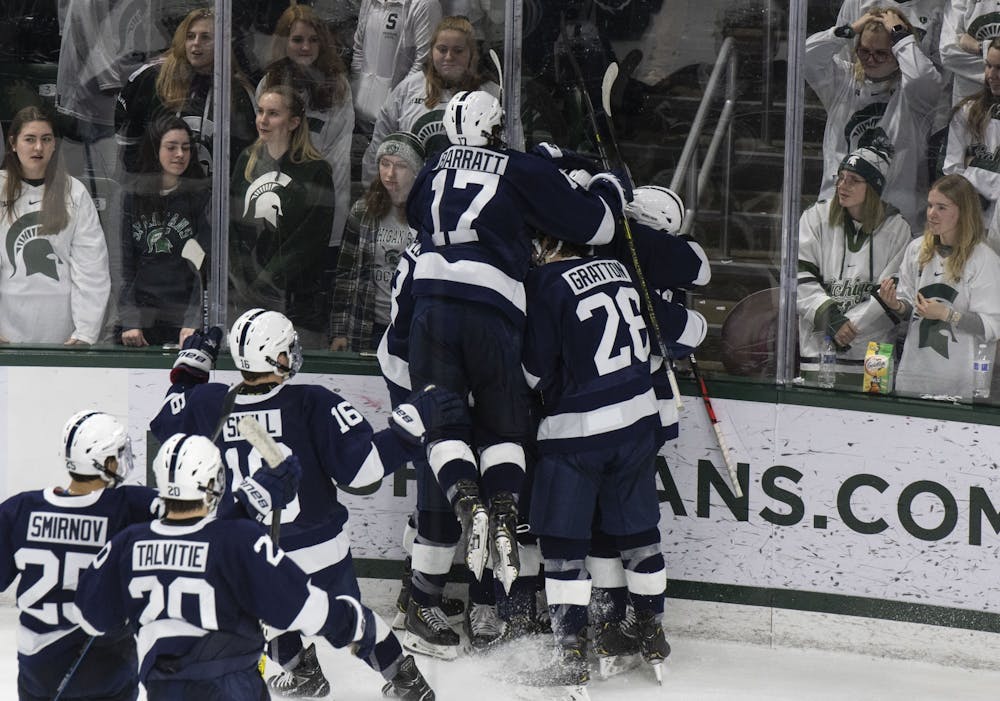 The student section falls silent after Penn State scores the game winning point in overtime. Michigan State fell to Penn State 2-1 on January 25, 2020.