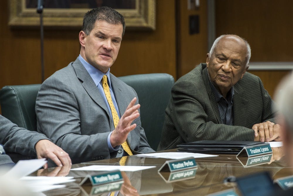 MSU Trustee Mitch Lyons speaks during the MSU Board of Trustees public meeting discussing MSU's presidential transition on Jan. 26, 2018 at the Hannah Administration Building. (Nic Antaya | The State News)