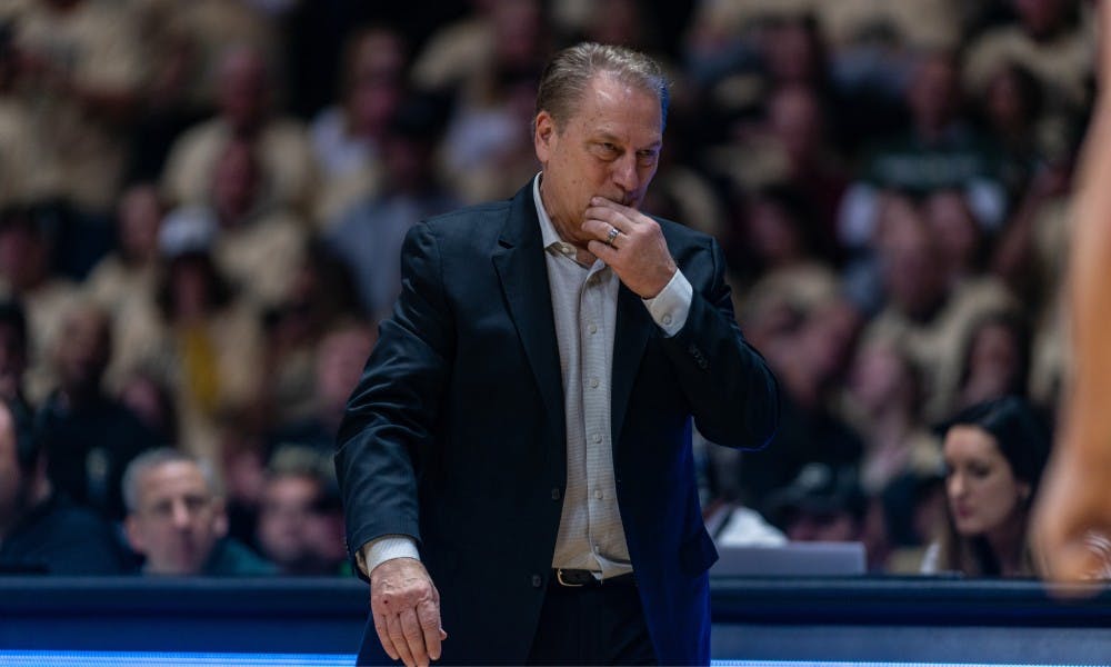 Head coach Tom Izzo wipes his mouth after calling a timeout at Mackey Arena on Jan. 27, 2019. The Spartans fell to the Boilermakers, 73-63.