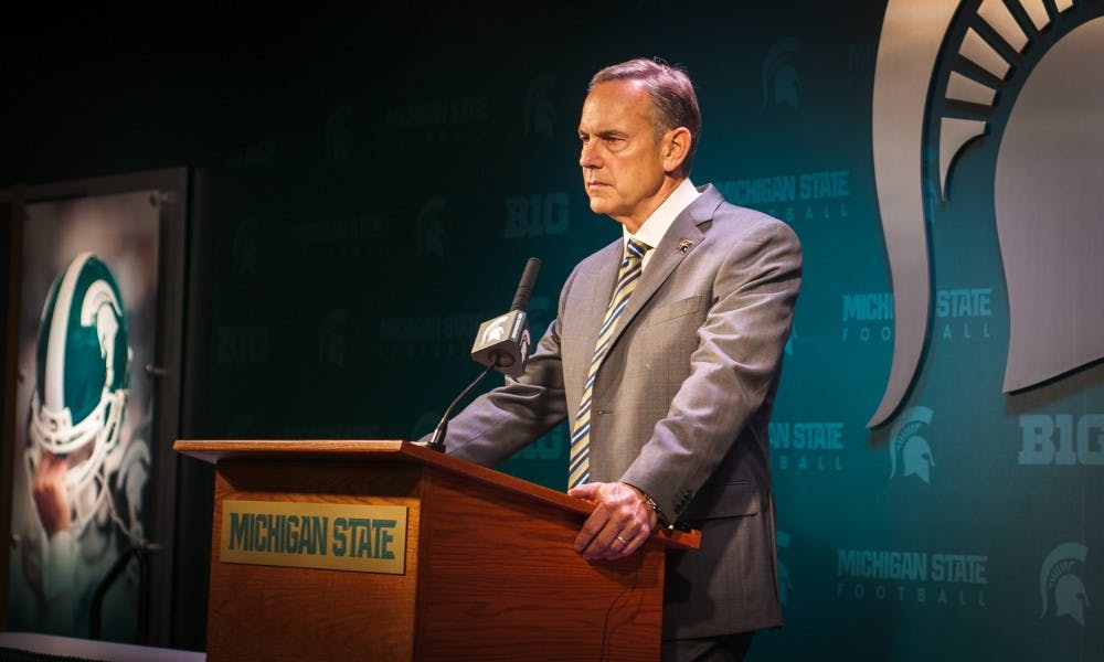 <p>MSU football head coach Mark Dantonio answers questions from the press on June 6, 2017 at Spartan Stadium. Dantonio made a statement on the decision to dismiss three MSU football players from the program following the issuing of their arrest warrants.</p>