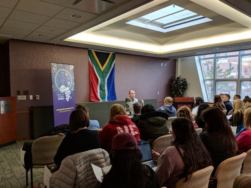 <p>Retired Constitutional Court of South Africa Justice Albert "Albie" Sachs speaks to MSU students and faculty at the first "Eye on Africa" event of the semester.&nbsp;</p>