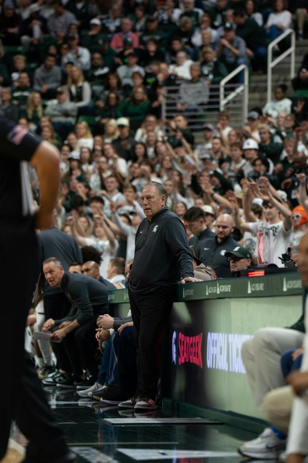 Michigan State head coach Tom Izzo stands on the sideline during the Spartans’ game against Detroit Mercy at the Breslin Center in East Lansing, Mich., on Friday, Nov. 21, 2025.