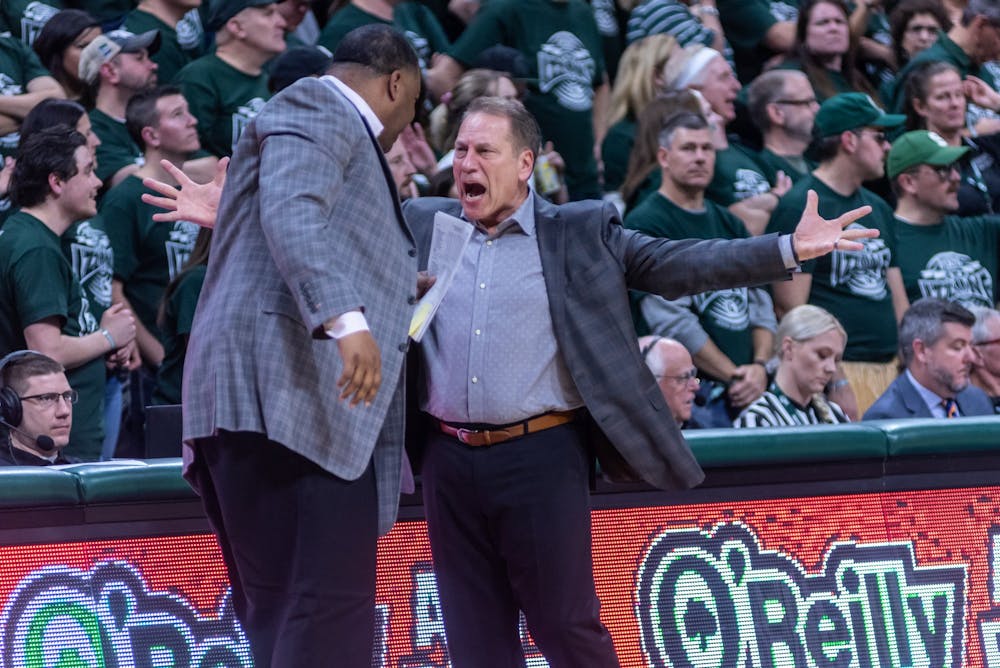 Coach Tom Izzo (right) reacts to a call during a game against Illinois. The Spartans defeated the Illini, 76-56, at the Breslin Student Events Center on January 2, 2020.