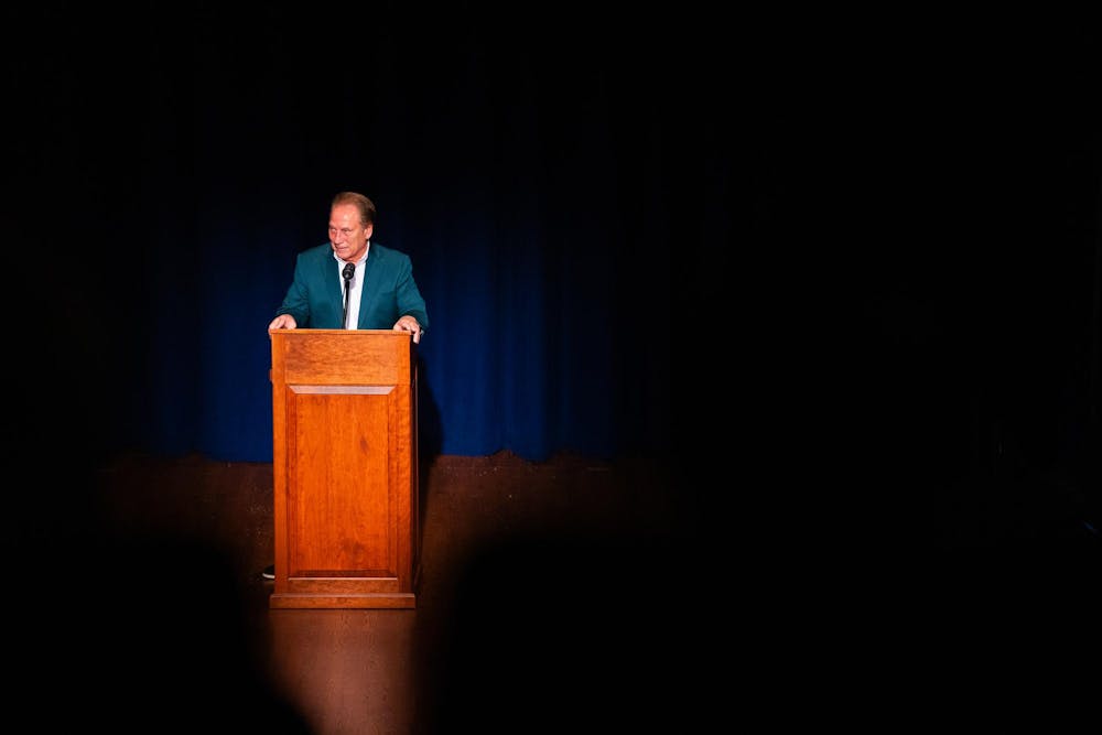 MSU Men's Basketball head coach Tom Izzo delivers a speech at the Wharton Center on Sep. 24, 2024.