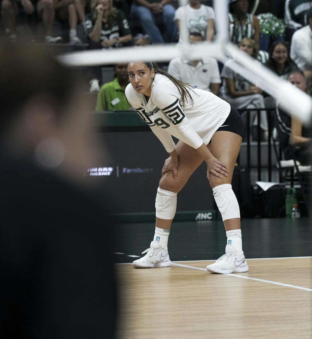 MSU Junior Hayley Ogden #19 sits at the next at the Breslin Center during the MSU v Pennstate Volleyball game In East Lansing, MI on Sunday Sep. 27th, 2026