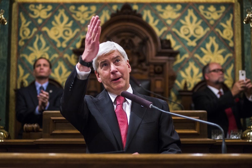 Gov. Rick Snyder addresses the audience on Jan. 17, 2017 during the State of the State Address at the Capitol in Lansing.