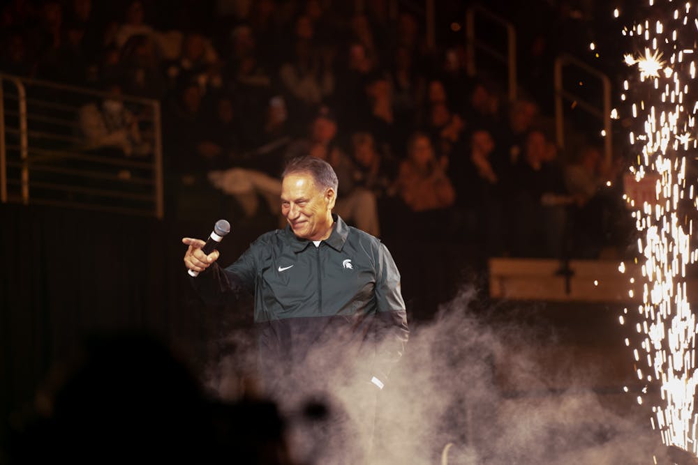 <p>Coach Tom Izzo gives a speech at Midnight Madness 2022, held at the Breslin Center on October 8, 2022.</p>
